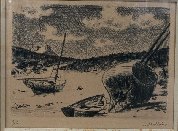 Lithografie Jacques Boullaire 4/60 bretonische Küste Chausey-Inseln Boote