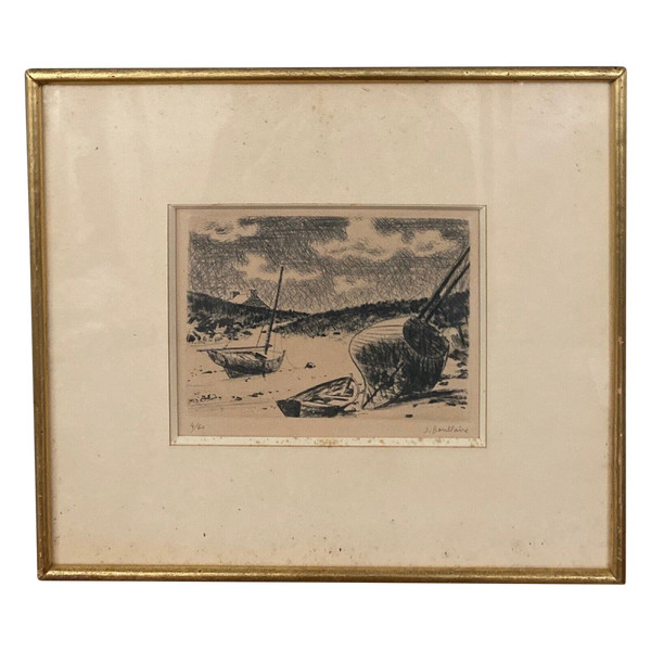 Lithografie Jacques Boullaire 4/60 bretonische Küste Chausey-Inseln Boote