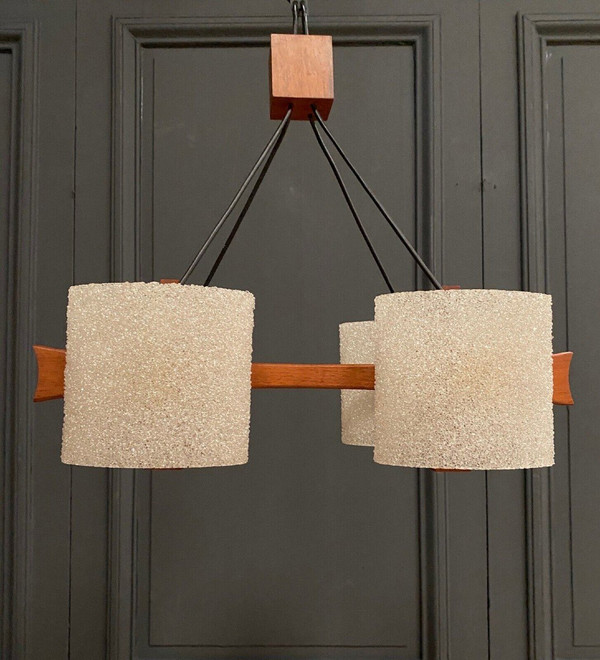 Scandinavian teak and resin four-light chandelier 1960