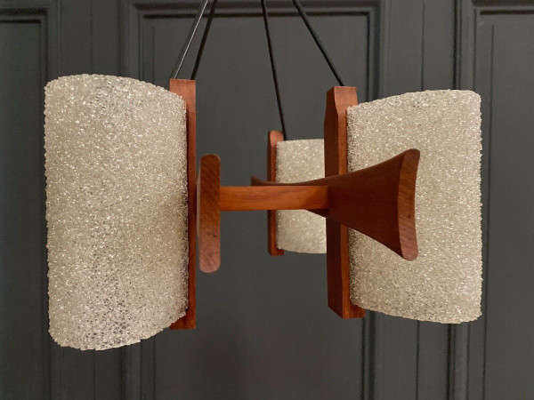 Scandinavian teak and resin four-light chandelier 1960