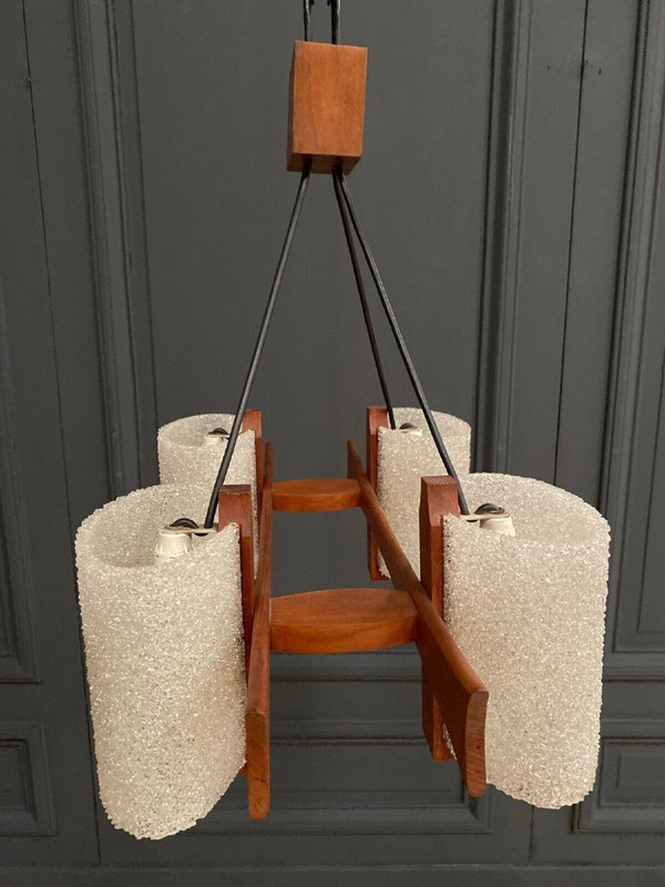 Scandinavian teak and resin four-light chandelier 1960