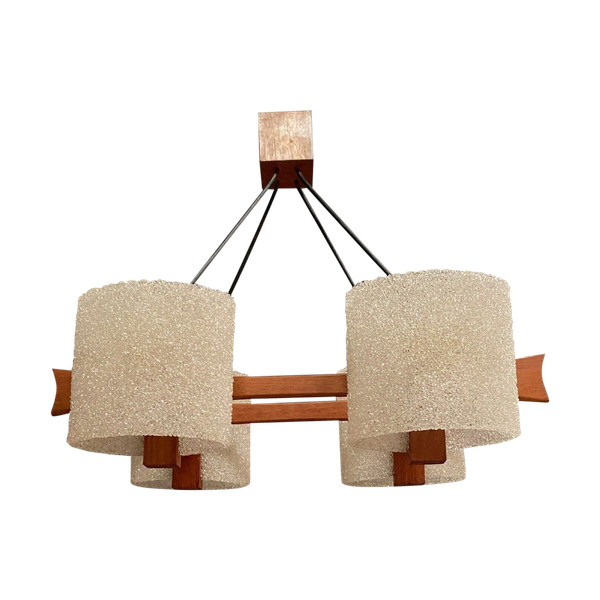Scandinavian teak and resin four-light chandelier 1960