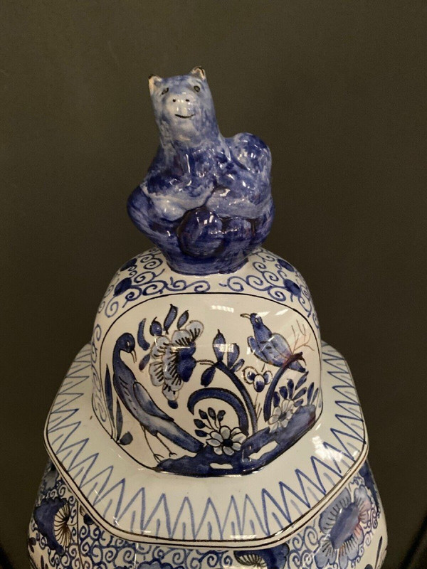Pot couvert potiche décor Delft AD chien de Fô chinois oiseaux