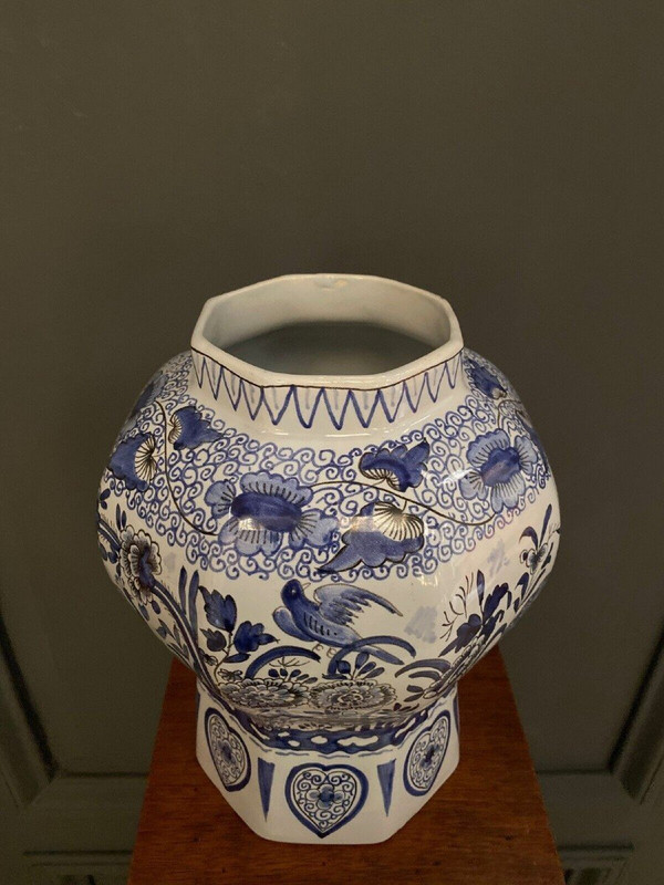 Pot couvert potiche décor Delft AD chien de Fô chinois oiseaux