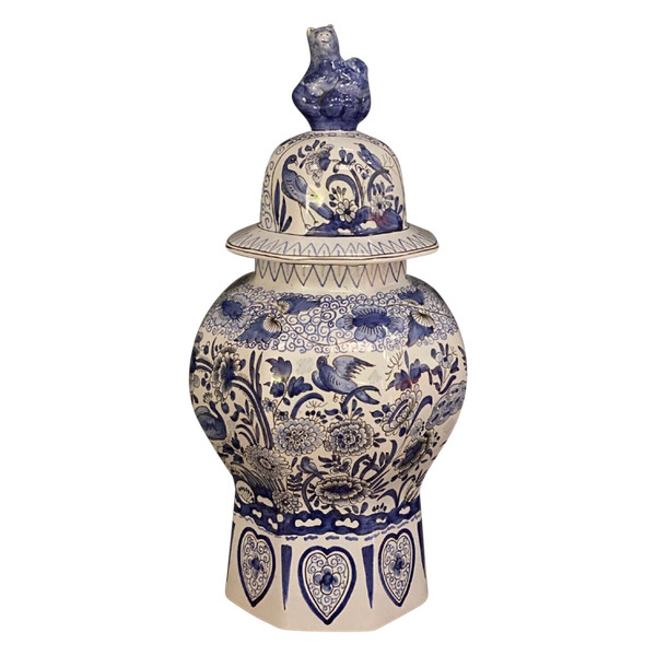 Pot couvert potiche décor Delft AD chien de Fô chinois oiseaux