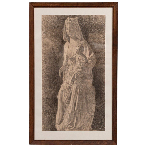 Charcoal drawing of the statue of the Virgin and Child, Fine Arts, early 20th century