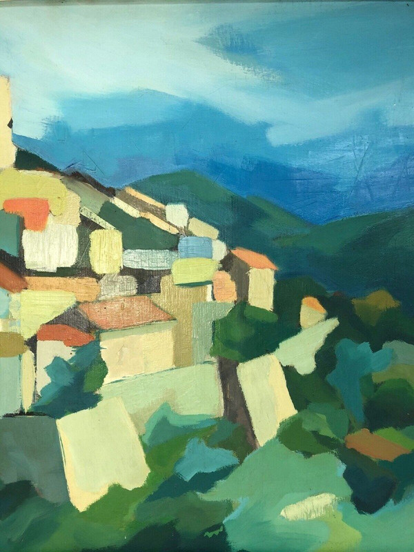 Huile sur toile composition moderne par Michel Ferbert 1950 paysage du Sud