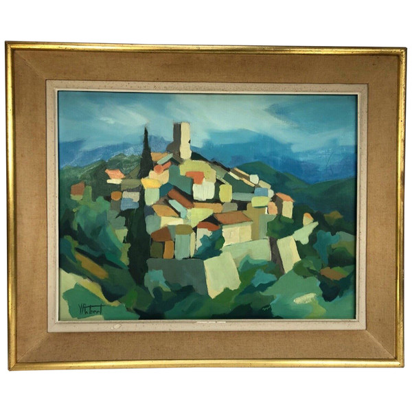 Huile sur toile composition moderne par Michel Ferbert 1950 paysage du Sud