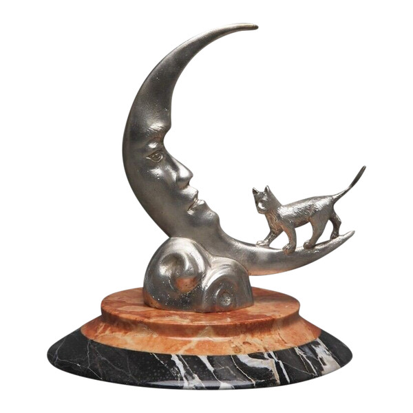 Mascotte in bronzo argentato di Et Mercier clair de Lune Base in marmo del XX secolo