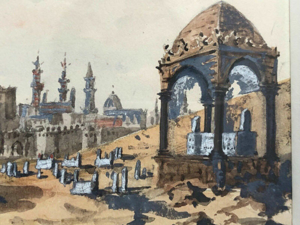 Acquerello paesaggio esotico Valle dei Califfi scorcio del Cairo