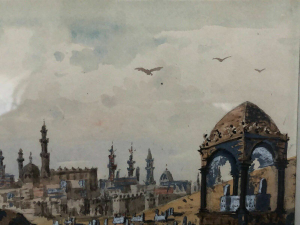 Acquerello paesaggio esotico Valle dei Califfi scorcio del Cairo