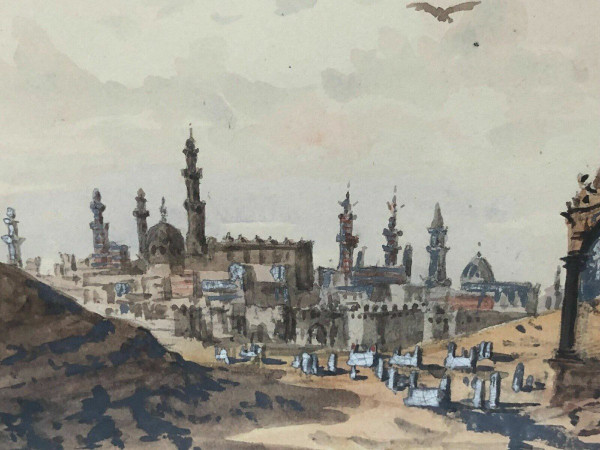 Acquerello paesaggio esotico Valle dei Califfi scorcio del Cairo