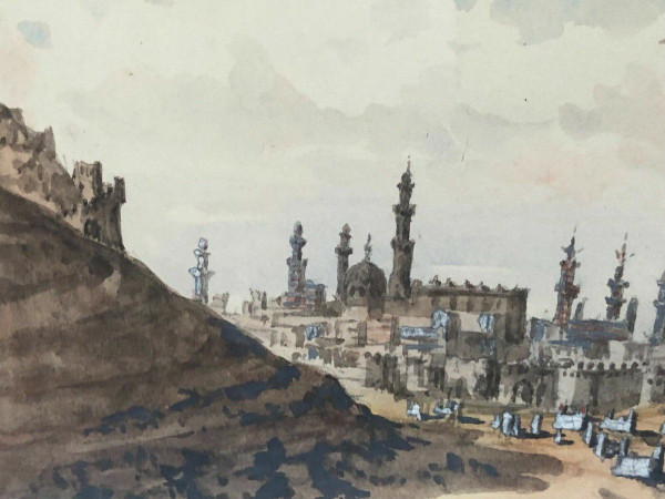 Acquerello paesaggio esotico Valle dei Califfi scorcio del Cairo
