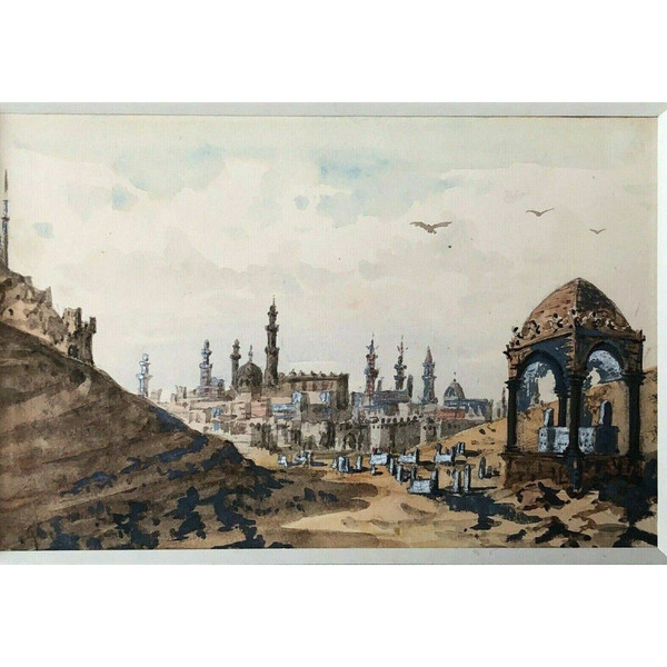 Acquerello paesaggio esotico Valle dei Califfi scorcio del Cairo
