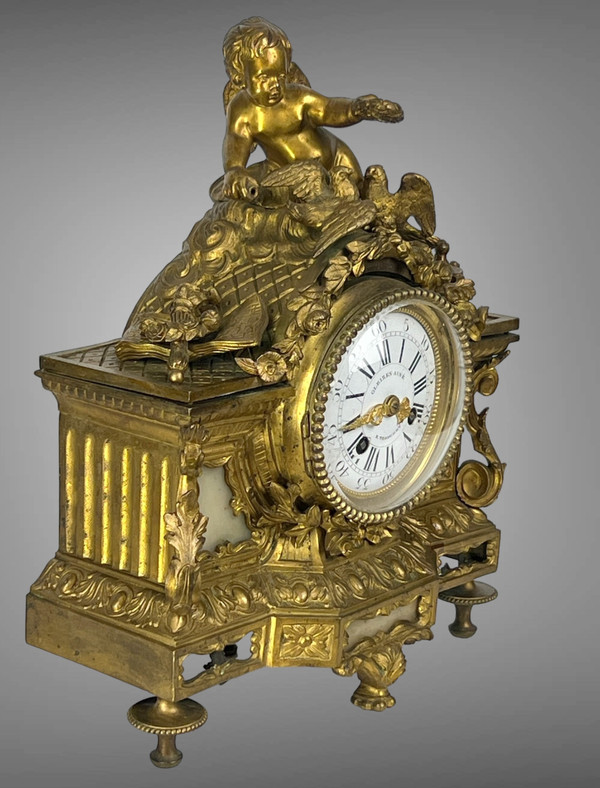 : 19th Century Bronze Clock In Louis XVI Style With Decor Of Angel And Doves