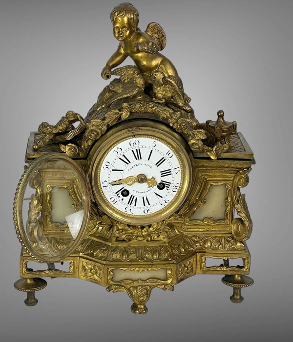 : 19th Century Bronze Clock In Louis XVI Style With Decor Of Angel And Doves