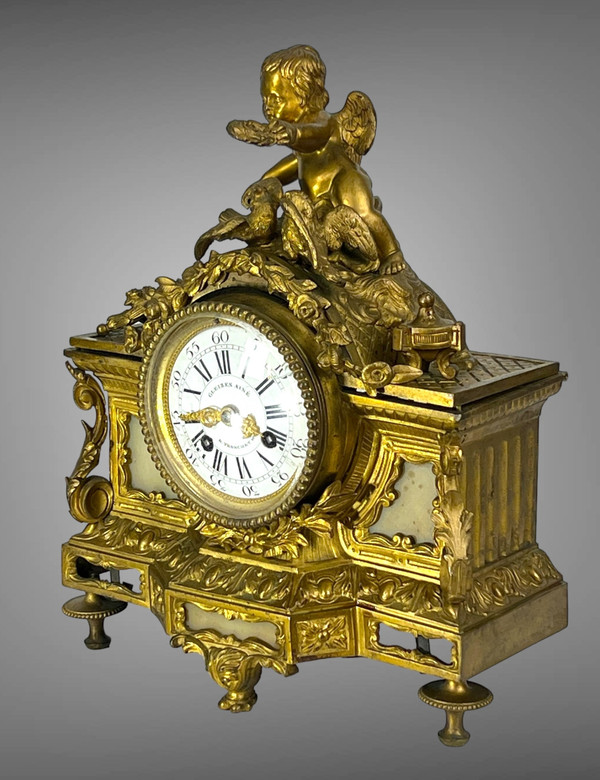 : 19th Century Bronze Clock In Louis XVI Style With Decor Of Angel And Doves
