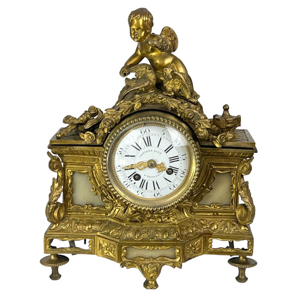 : 19th Century Bronze Clock In Louis XVI Style With Decor Of Angel And Doves