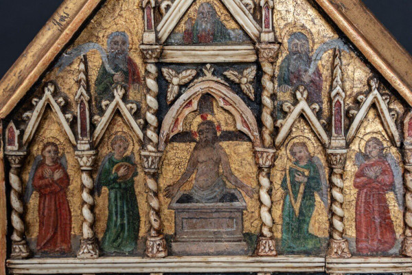Pannello in legno dipinto con scena biblica neogotica
