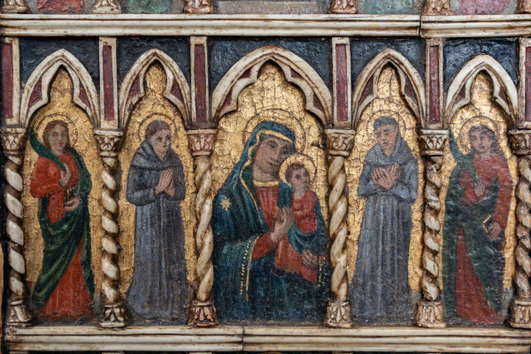 Pannello in legno dipinto con scena biblica neogotica