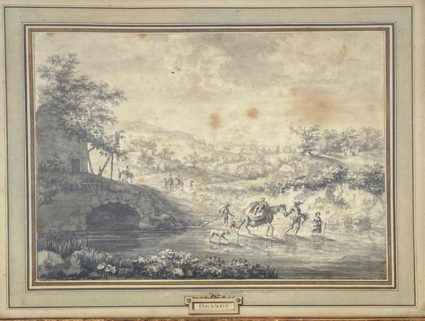 Dessin sur papier par Brandt famille enfant à cheval XVIIIe