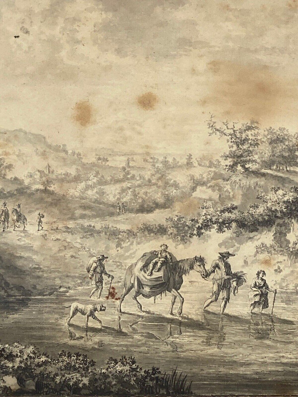 Dessin sur papier par Brandt famille enfant à cheval XVIIIe