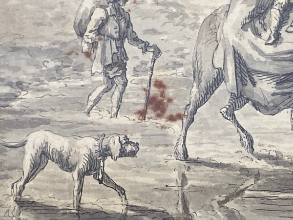 Dessin sur papier par Brandt famille enfant à cheval XVIIIe
