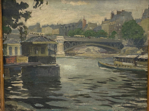 Huile sur toile Paris péniches par Sranti Datis signature à identifier 1900 XXe