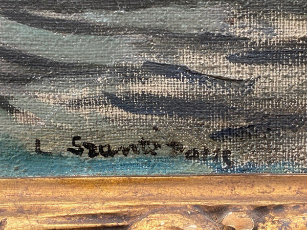 Huile sur toile Paris péniches par Sranti Datis signature à identifier 1900 XXe
