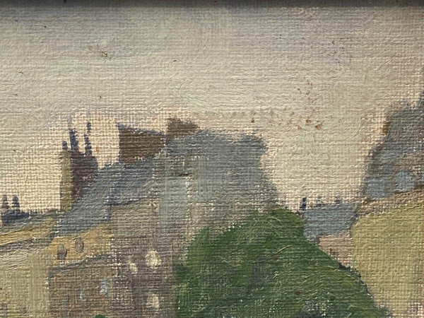 Huile sur toile Paris péniches par Sranti Datis signature à identifier 1900 XXe