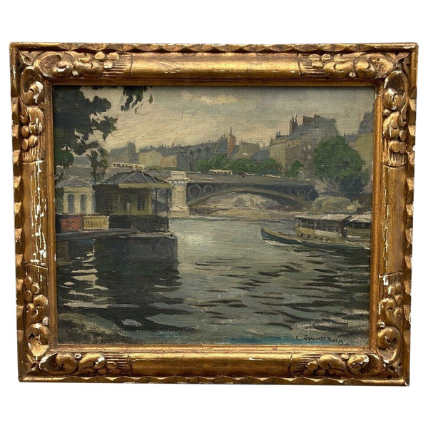 Huile sur toile Paris péniches par Sranti Datis signature à identifier 1900 XXe
