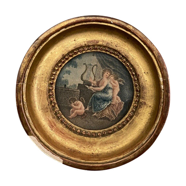 Gravure XIXe femme à l'Antique accompagnée d'amours rehauts de couleurs
