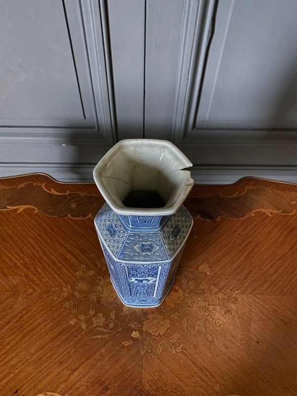 Pair of Japanese hexagonal vases with blue backgrounds DEC 739