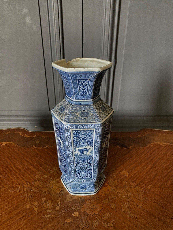 Pair of Japanese hexagonal vases with blue backgrounds DEC 739