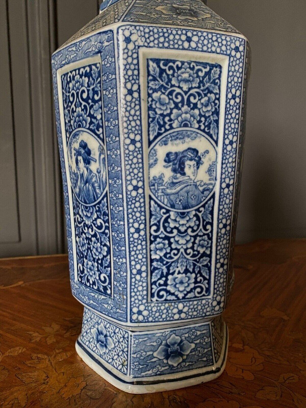 Pair of Japanese hexagonal vases with blue backgrounds DEC 739