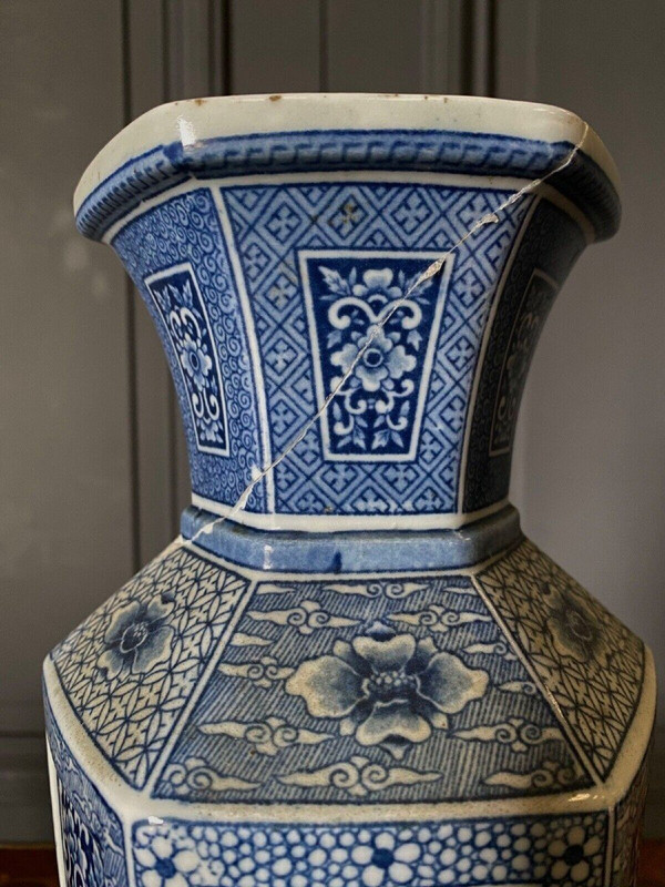Pair of Japanese hexagonal vases with blue backgrounds DEC 739