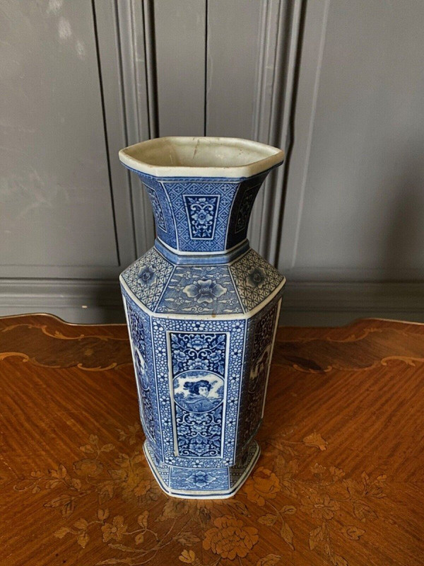 Pair of Japanese hexagonal vases with blue backgrounds DEC 739