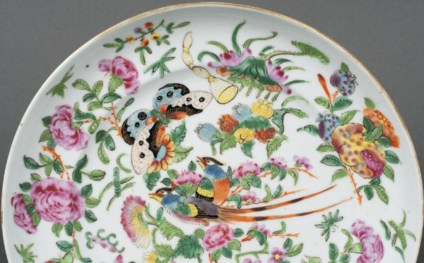 19th century Canton porcelain plate with butterfly and bird design