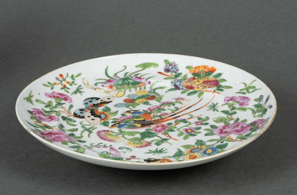19th century Canton porcelain plate with butterfly and bird design