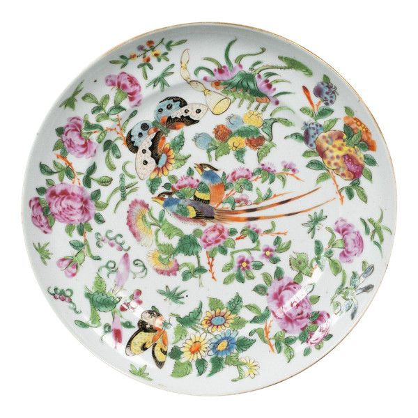19th century Canton porcelain plate with butterfly and bird design