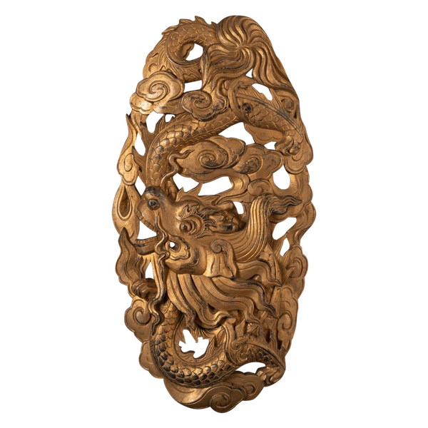 Geschnitztes vergoldetes Holzpaneel mit Drachendekor China Indochina XIX.