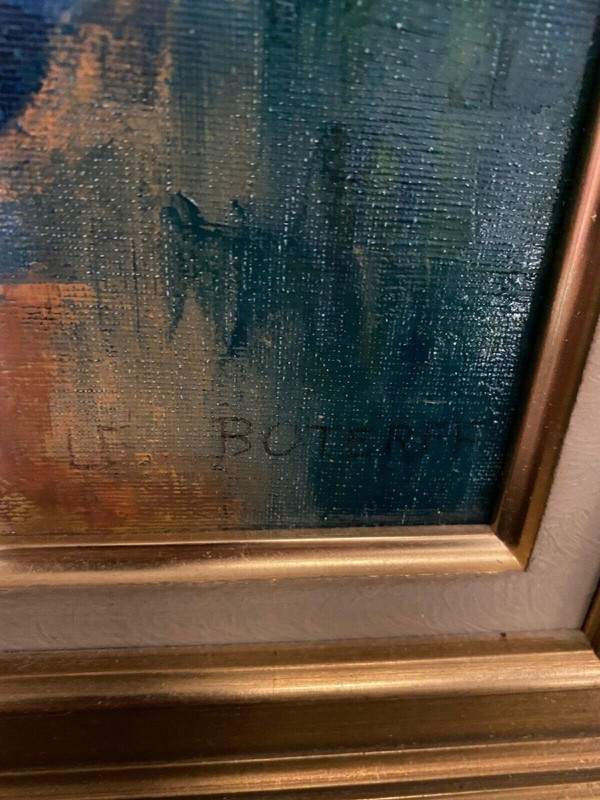 Öl auf Leinwand von Le Boterff Stillleben mit Früchten 1970 Goldener Rahmen