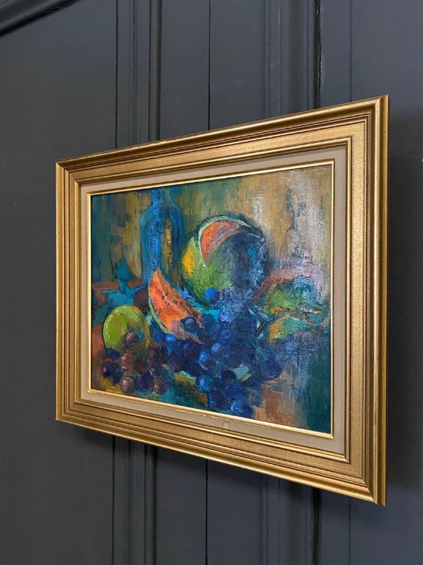 Öl auf Leinwand von Le Boterff Stillleben mit Früchten 1970 Goldener Rahmen