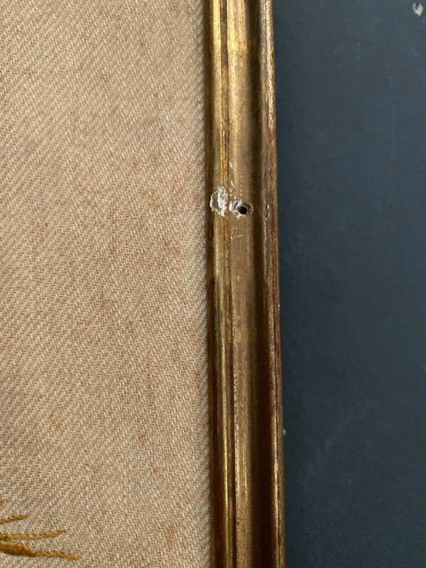 1900 Pannello ricamato in stile Luigi XVI con decoro di uccelli e cornice a baguette
