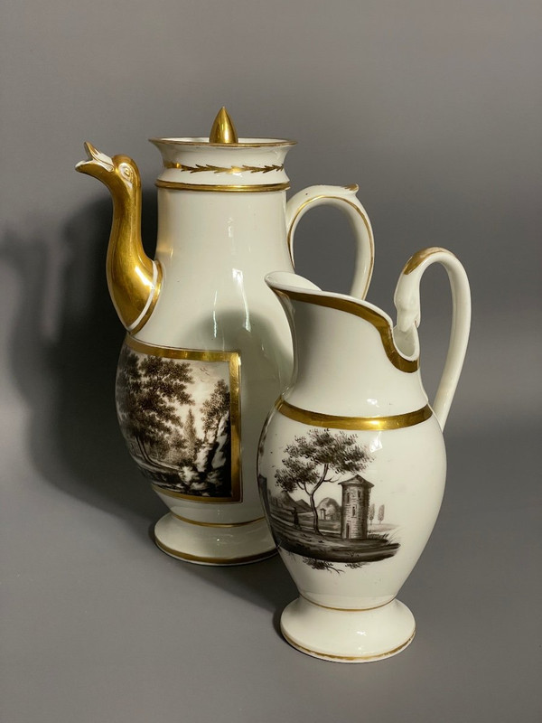 Kaffeeservice aus Porzellan im Empire-Stil, Landschaftsdekor in Grisaille