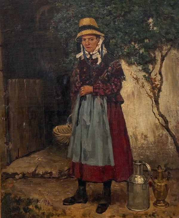 Öl auf Leinwand Bäuerin mit Korb von Lisa EVB 1874