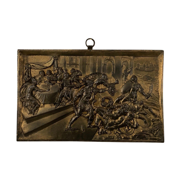 Rundplastisches Bronzebasrelief aus dem 19. Jahrhundert mit einer römischen Szene
