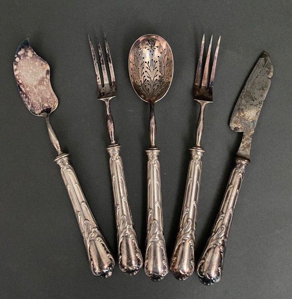 Silver-plated chopping set with 5 Christofle cutlery items