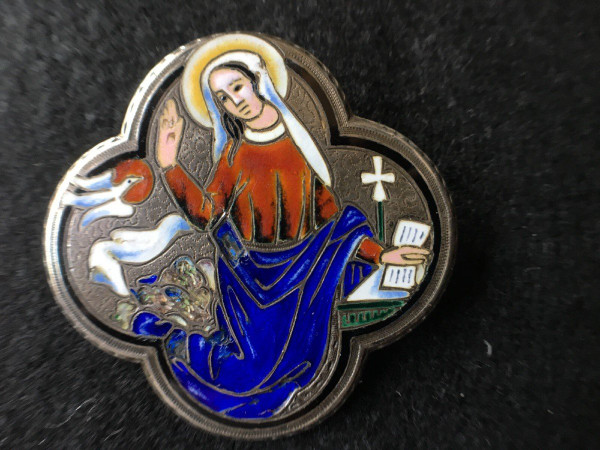 Spilla in argento cloisonné del XIX secolo 22 g, marchio del granchio Vergine Maria e colomba