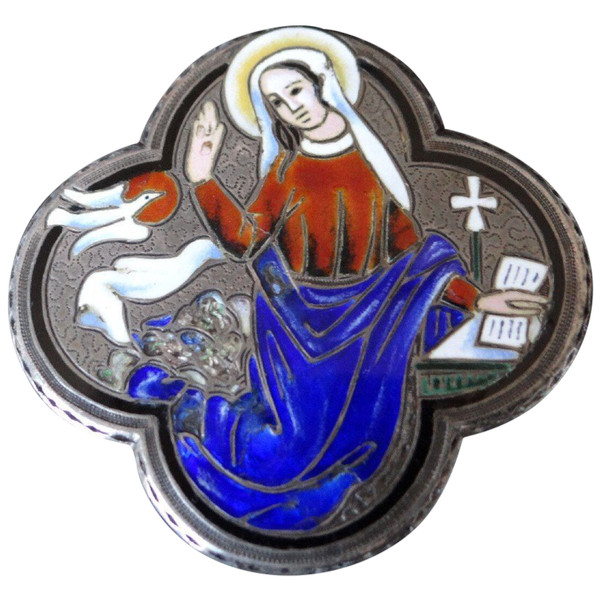 Spilla in argento cloisonné del XIX secolo 22 g, marchio del granchio Vergine Maria e colomba
